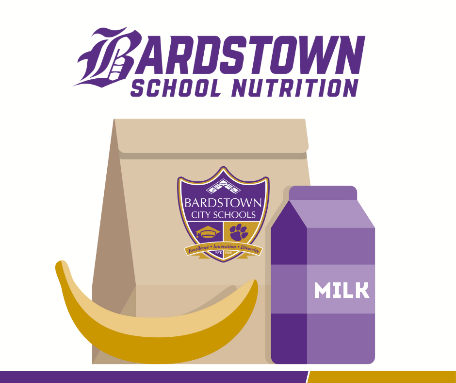 Bardstown School Nutrition graphic with lunchbag, milk carton and banana.