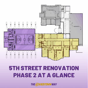 purple gradient background with a blueprint of the Bardstown High School floorplan