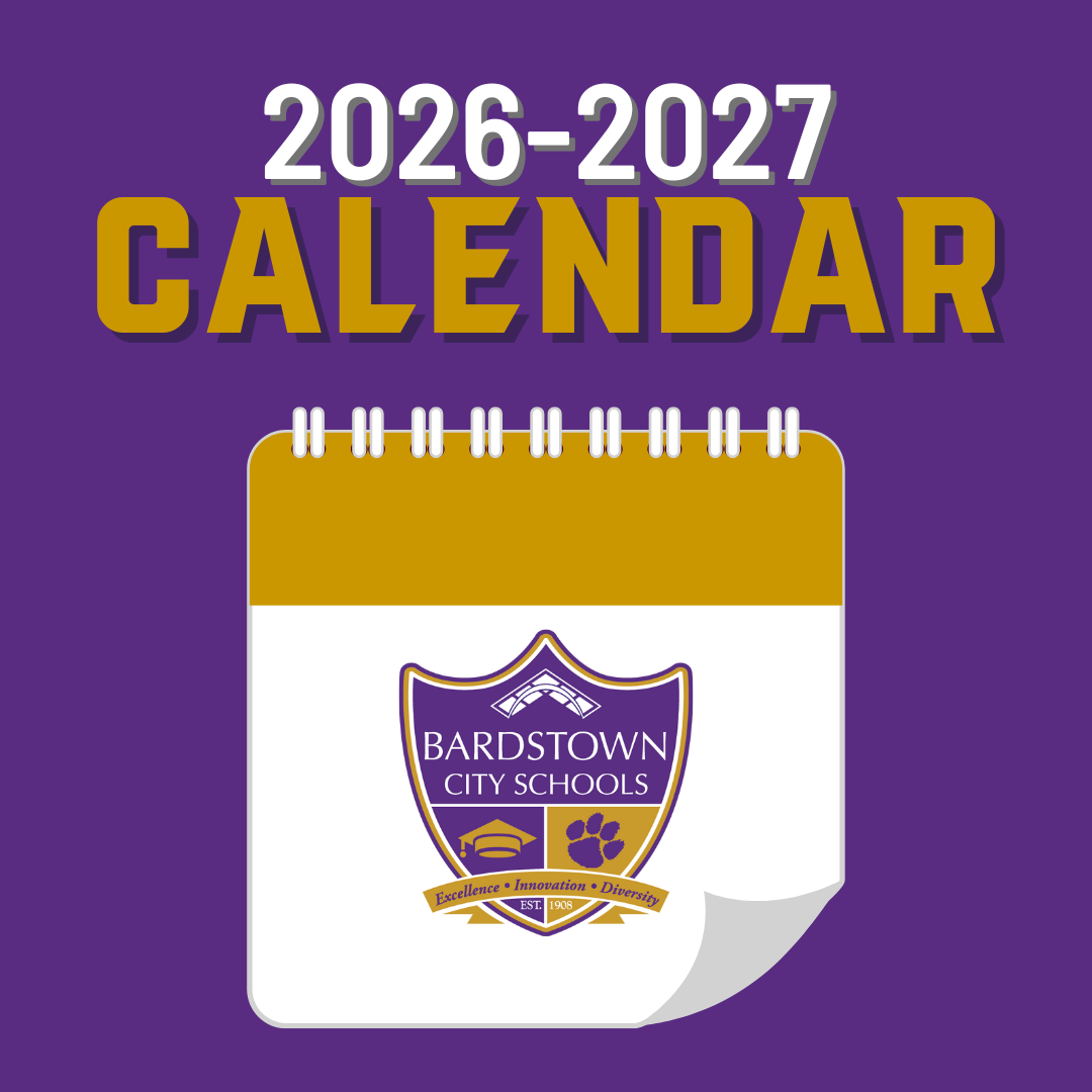 Purple background behind a white and gold notebook with a Bardstown City Schools logo. White and gold text that reads 2026-2027 Calendar.