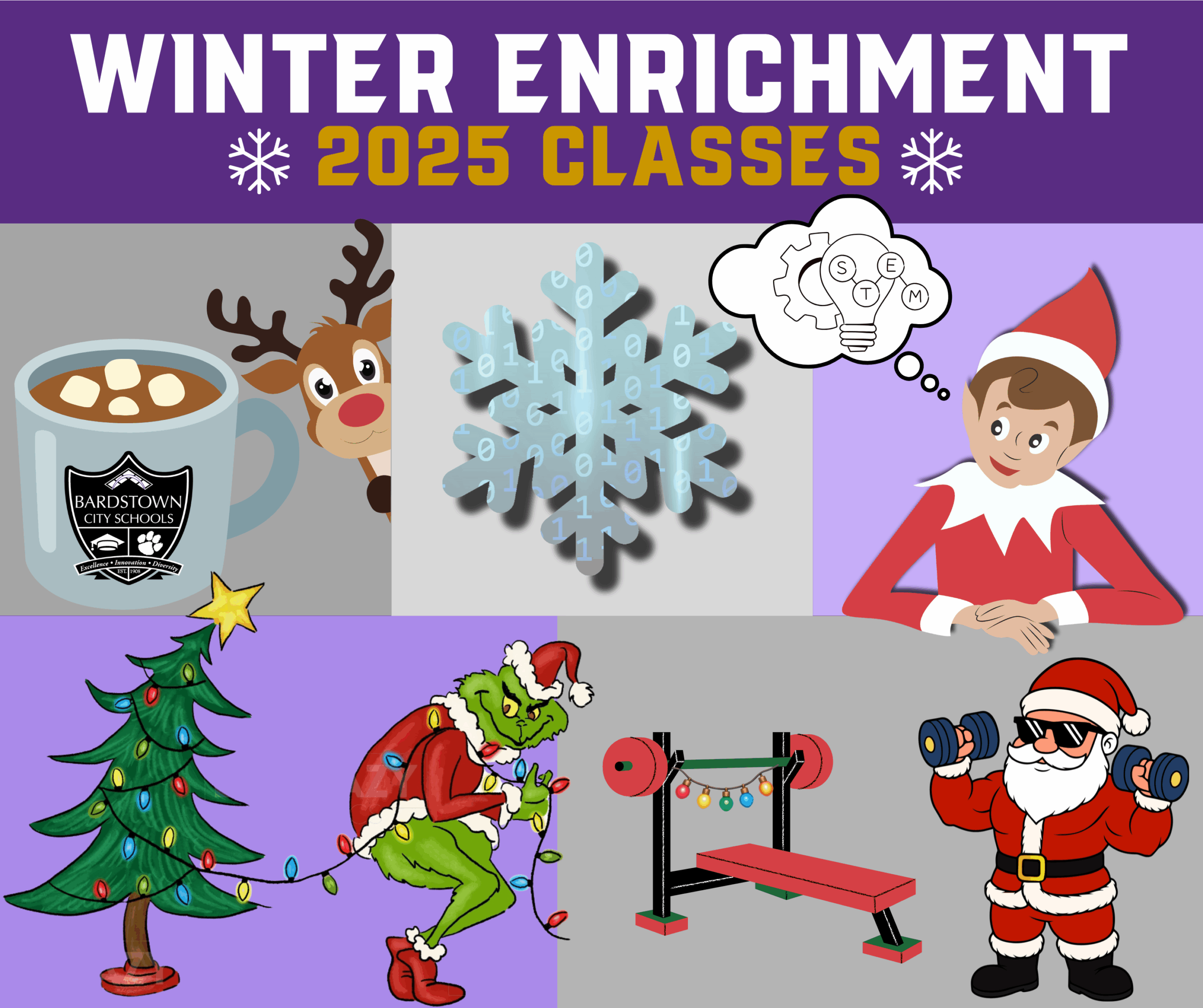 purple square, snowflakes, elf, grinch, and rudolph the red nosed reindeer in a grid.