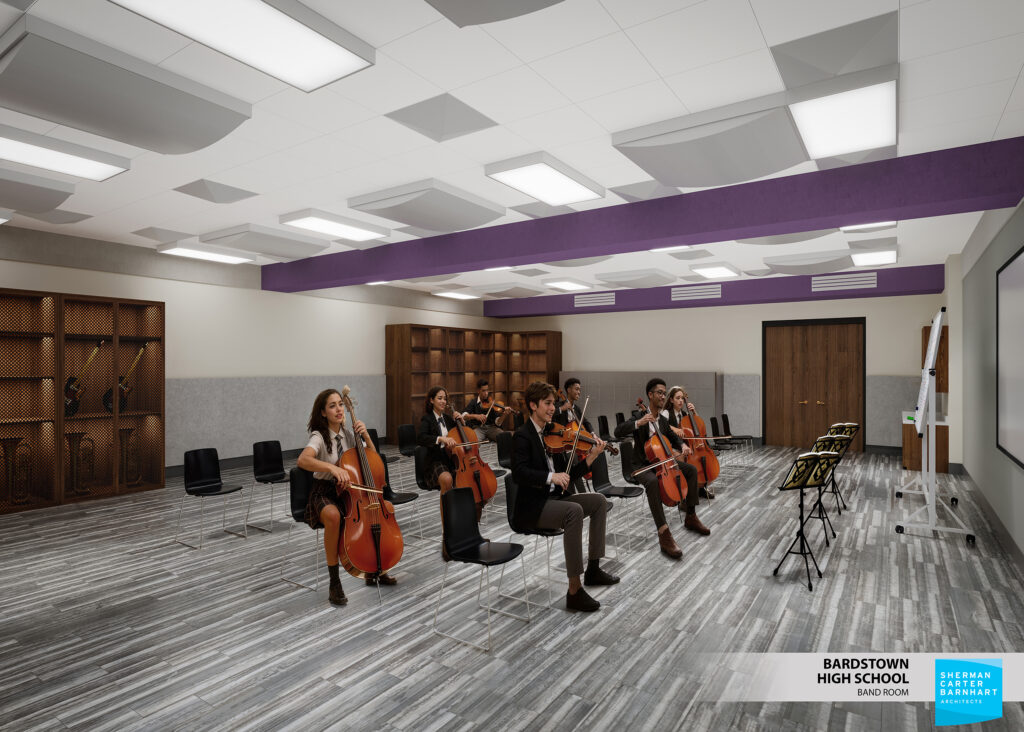 gray floor with boys and girls sitting in chairs playing instruments