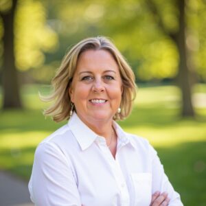 woman in white standing in front of a line of green trees
