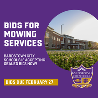 Purple background with photo of bardstown elementary school. White Text that reads "Bids for Mowing Service"