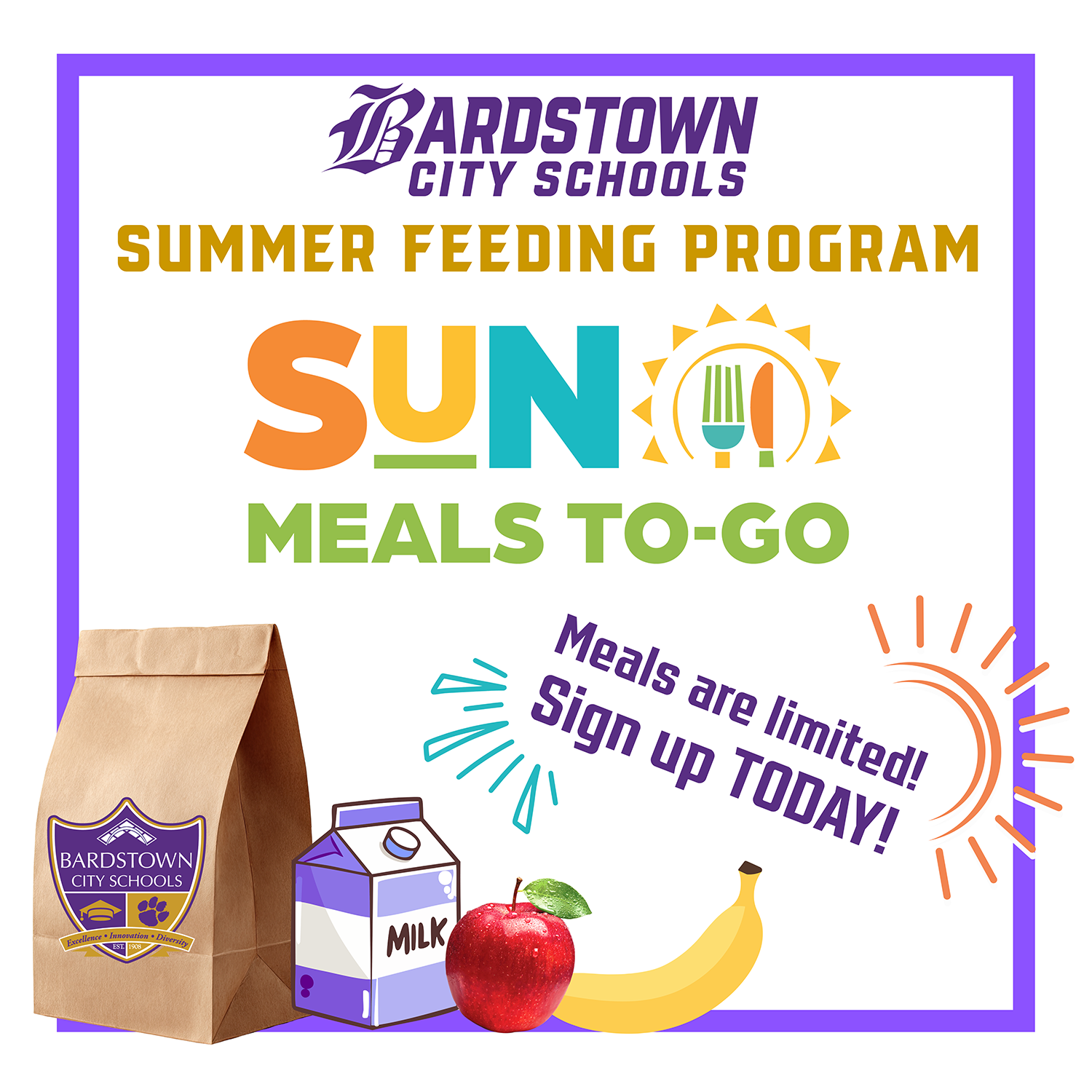 White box with brown paper lunch bag and the words Summer Feeding Program